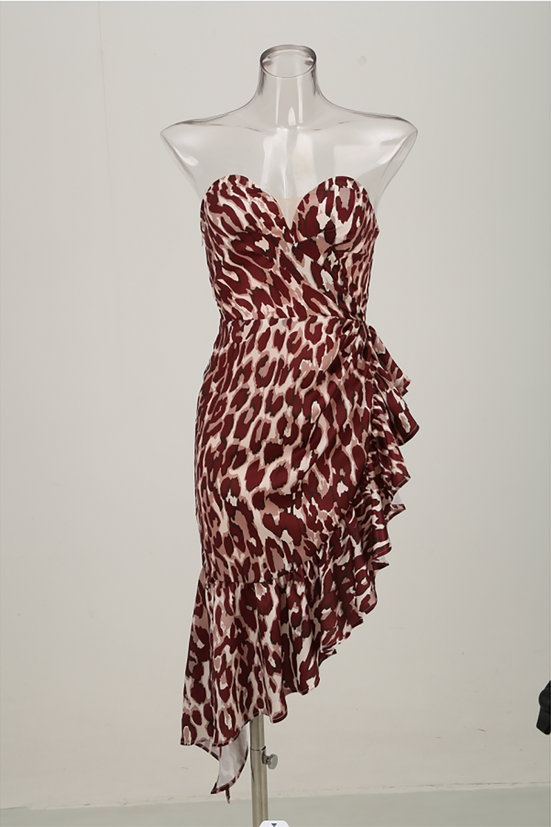 Strapless Leopard Irregular Ruffle Midi Dress
