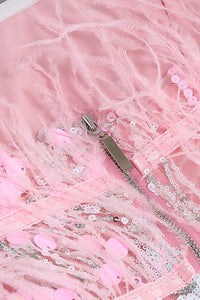 Vestido sem alças com lantejoulas brilhantes e glitter rosa