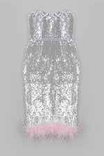Strapless Silver Sequin Feather Bodycon Midi Dress