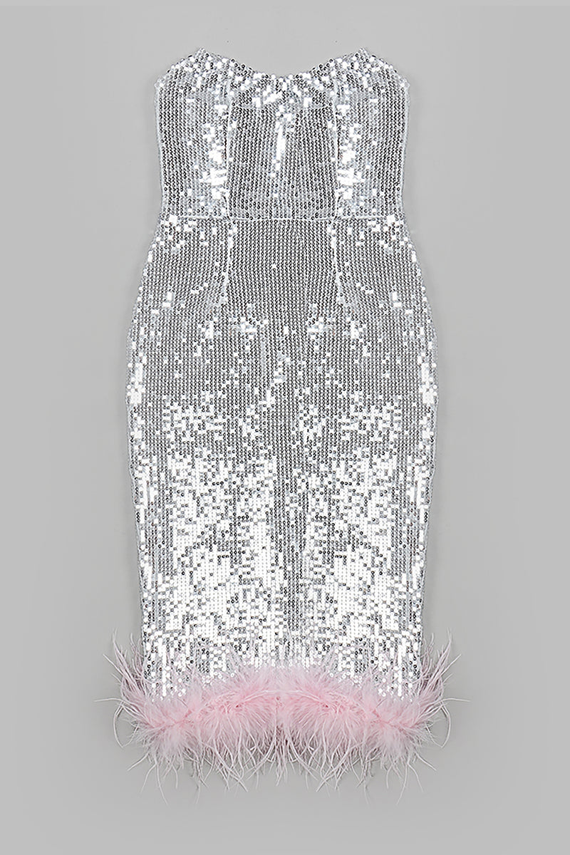 Strapless Silver Sequin Feather Bodycon Midi Dress