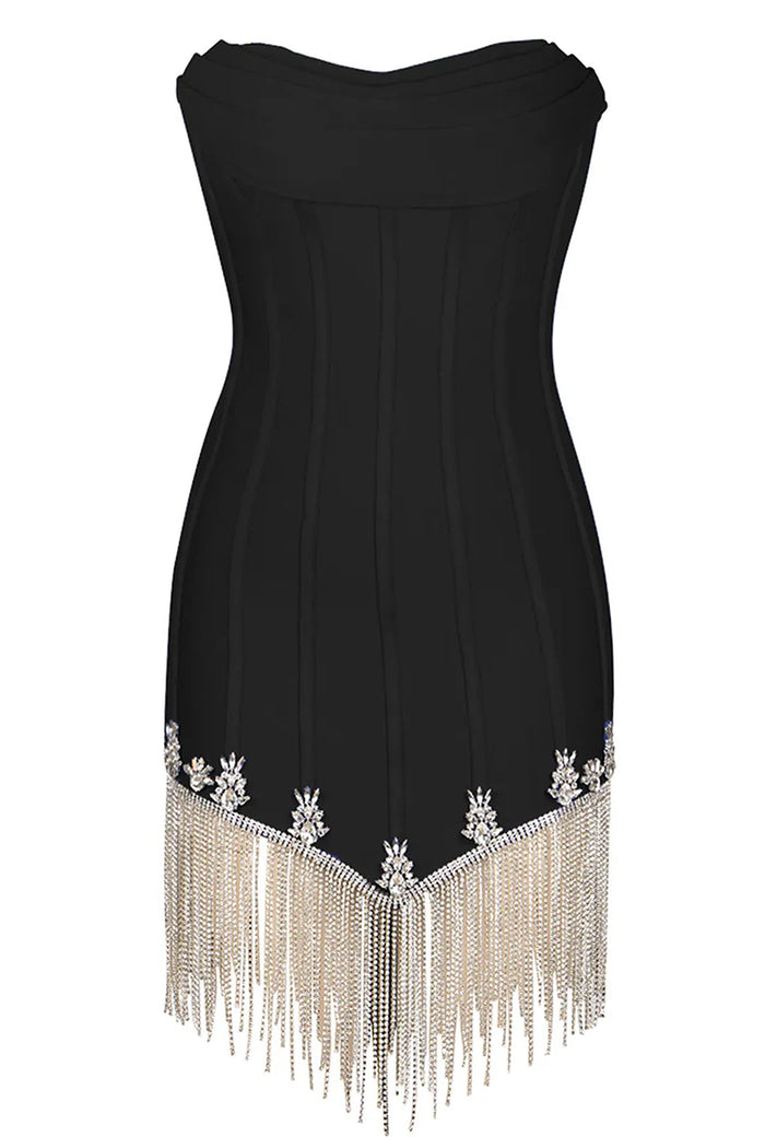 Strapless Striped Crystal Trim Fringe Mini Bandage Dress