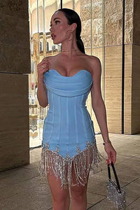 Mini vestido de bandagem listrado sem alças com franjas de cristal