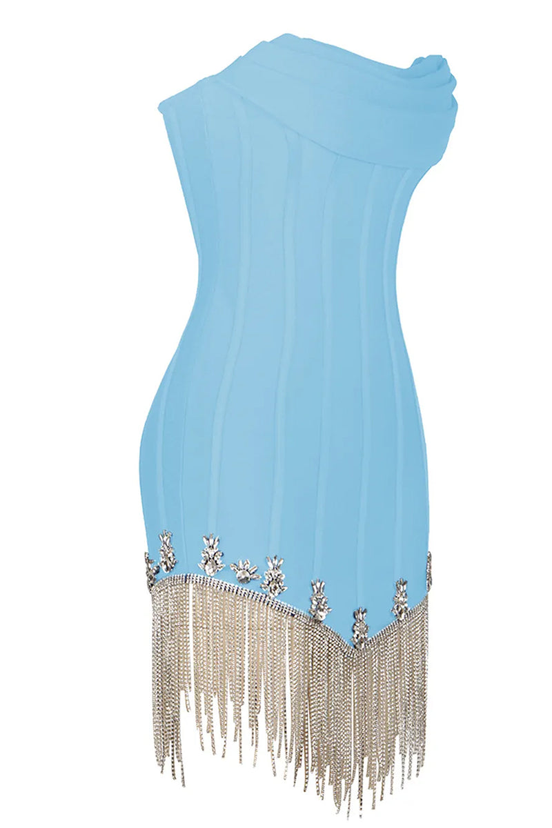 Strapless Striped Crystal Trim Fringe Mini Bandage Dress