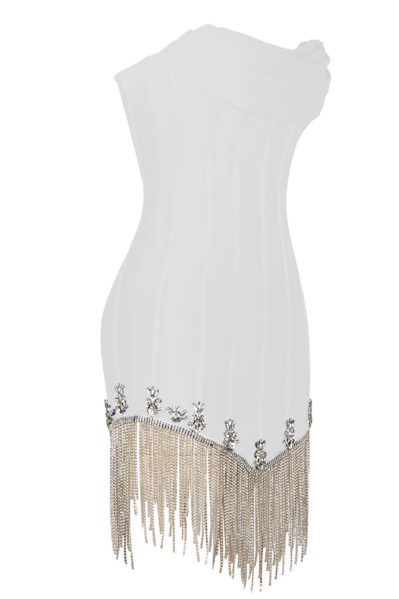 Strapless Striped Crystal Trim Fringe Mini Bandage Dress