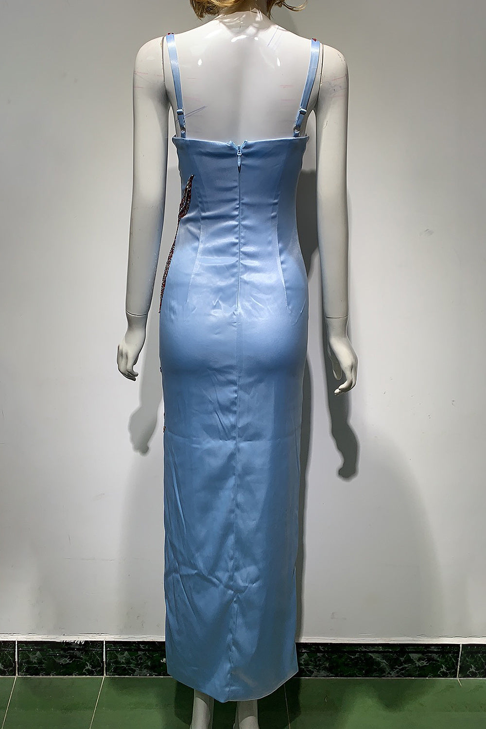 Strappy Blue Sequins Beaded Splited Midi Dress