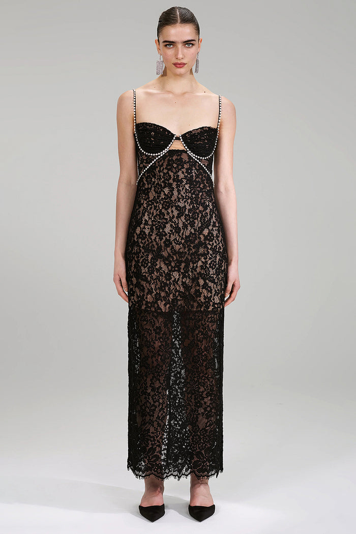 Strappy Fine Lace Maxi Dress W/Crystals in Black