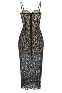 Strappy Fine Lace Maxi Dress W/Crystals in Black