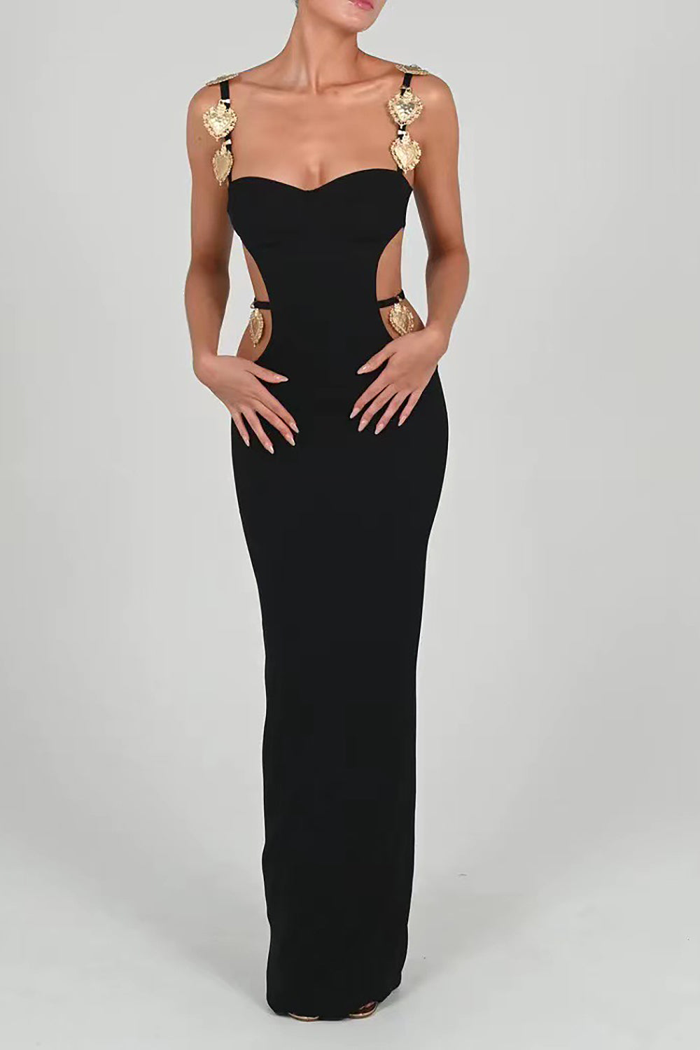 Strappy Metal Trim Cut Out Maxi Bandage Dress IULOVER Strappy Metal Trim Cut Out Maxi Bandage Dress IULOVER