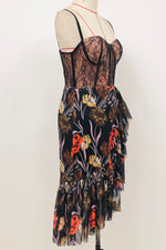Strappy Printed Ruffles Asymmetrical Lace Dress