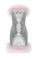 Strappy Silver Sparkling Sequin Feather Mini Dress