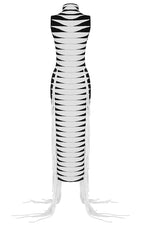 Striped Sleeveless Tassel Bodycon Mid-Calf Bandage Dress