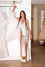 Striped Sleeveless Tassel Bodycon Mid-Calf Bandage Dress