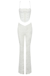 Conjunto de encaje blanco transparente de tres piezas, top con corsé, abrigo plumero y pantalones a juego
