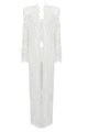 Transparent White Three Piece Lace Ensemble Corset Top And Duster Coat And Matching Trousers