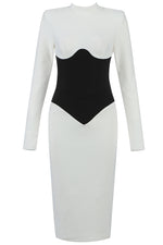 Turtleneck Full Sleeves White Patchkwork Fashion Knee Length Bandage Dress - IULOVER