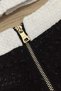 Conjunto de duas peças de tweed, jaqueta com decote em V e shorts com botões dourados