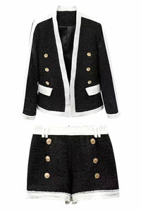 Tweed Two-Piece Sets V-Neck Jacket And Gold Button Shorts