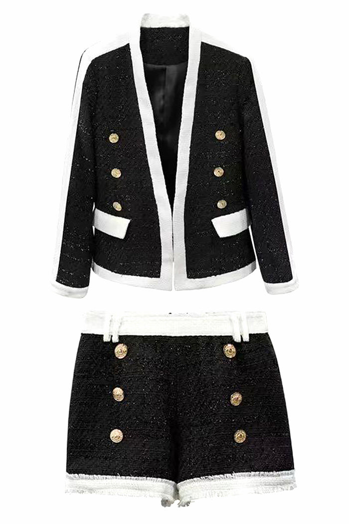 Tweed Two-Piece Sets V-Neck Jacket And Gold Button Shorts