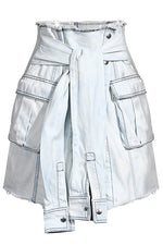 Two Piece Set Washed denim suit Long Shirt & High Waist Lace-up Skirt Set
