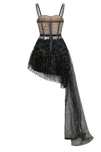 Mini vestido de lantejoulas de luxo sem alças com contas de duas peças