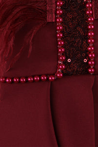 Burgundy V-neck Sleeveless Pearl Sequin Feather Midi Dress - IULOVER