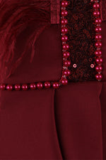 Burgundy V-neck Sleeveless Pearl Sequin Feather Midi Dress - IULOVER