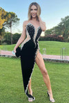 Strapless Crystal Mesh Irregular Maxi Velvet Dress