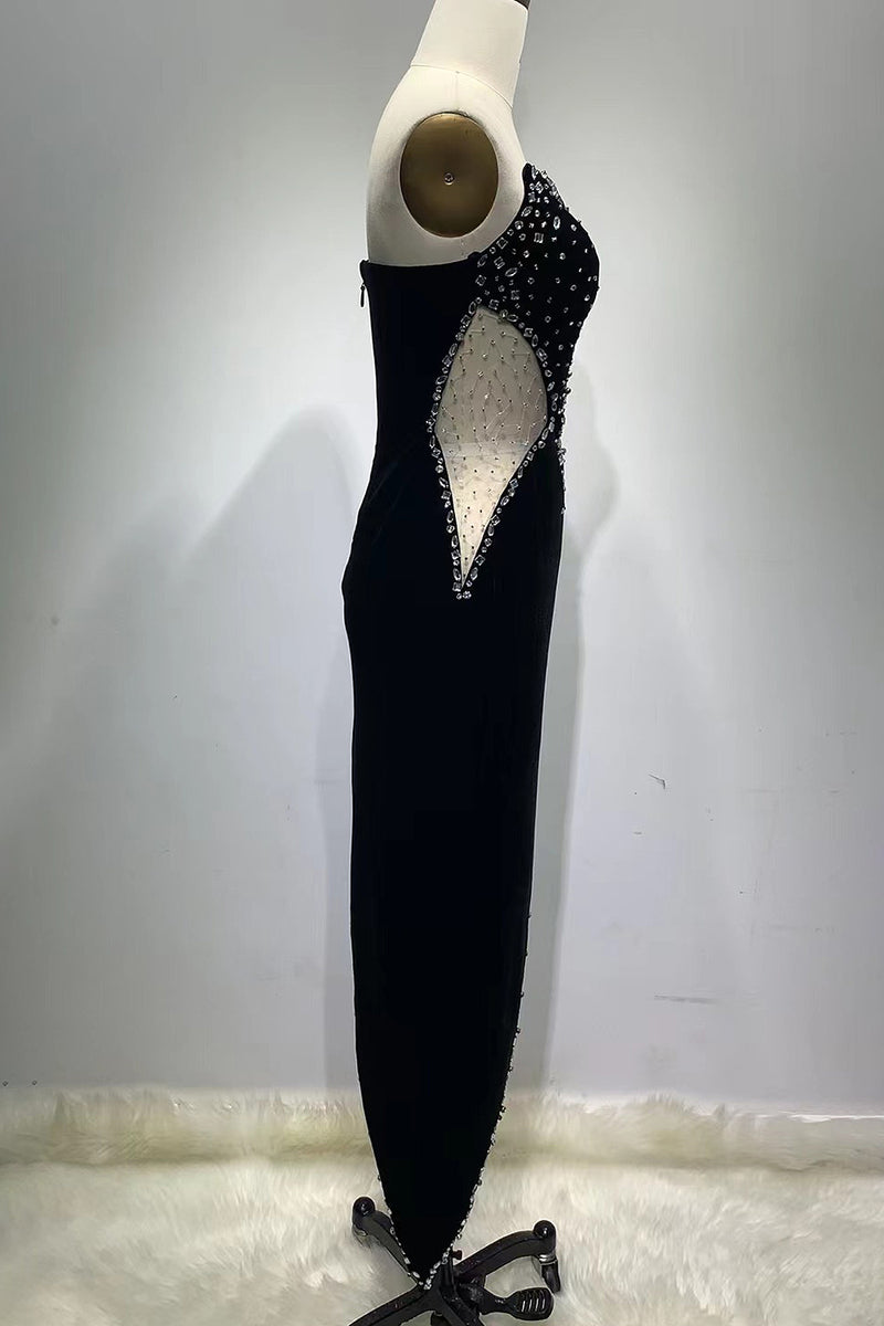 Strapless Crystal Mesh Irregular Maxi Velvet Dress