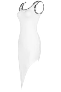 White Asymmetric Chain Embellished Bandage Dress - IULOVER