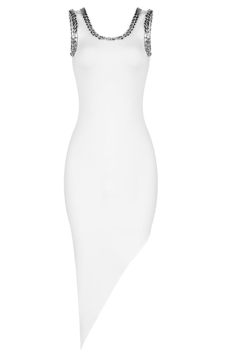White Asymmetric Chain Embellished Bandage Dress