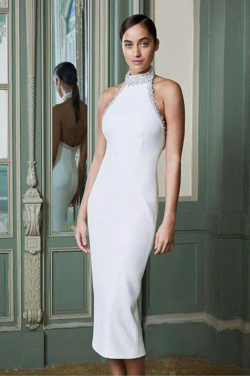 White Backless Sequins Beading Bandage Dress - IULOVER