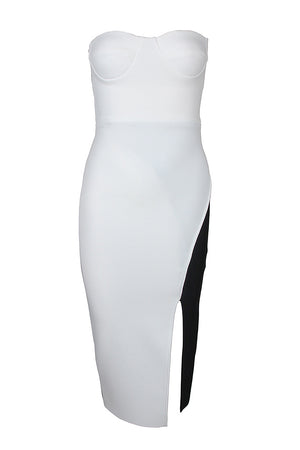 White Black Off The Shoulder Slit Midi Bandage Dress - IULOVER