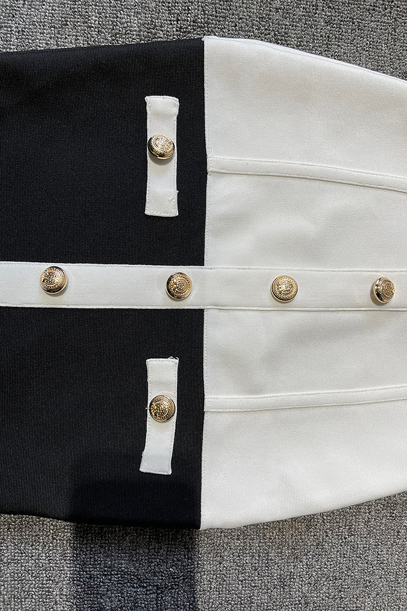 White Black Patchwork Button Two Pieces Bandage Set - IULOVER
