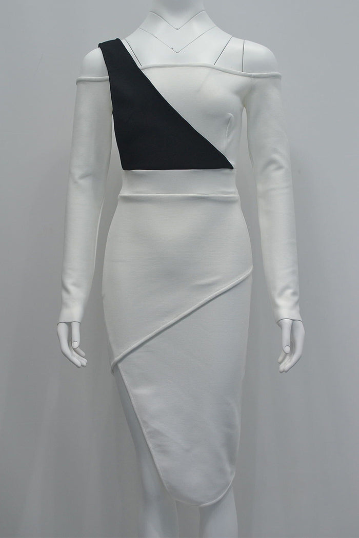 White Card Shoulder Long Sleeve Bandage Dress