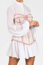 White Chiffon Two Piece Suit Waist Puff Sleeve Dress - IULOVER