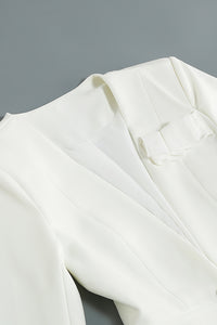 Conjunto de duas peças de vestido blazer de manga comprida com decote em V branco de chiffon branco