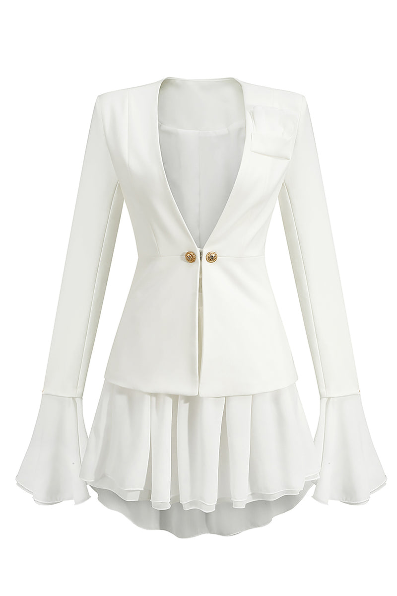 White Chiffon V Neck Long Sleeve Blazer Dress Two Pieces Sets