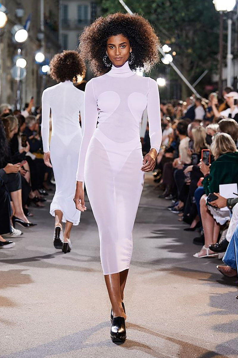 High Neck Long Sleeves Celebrity Mesh Bandage Dress in White Black