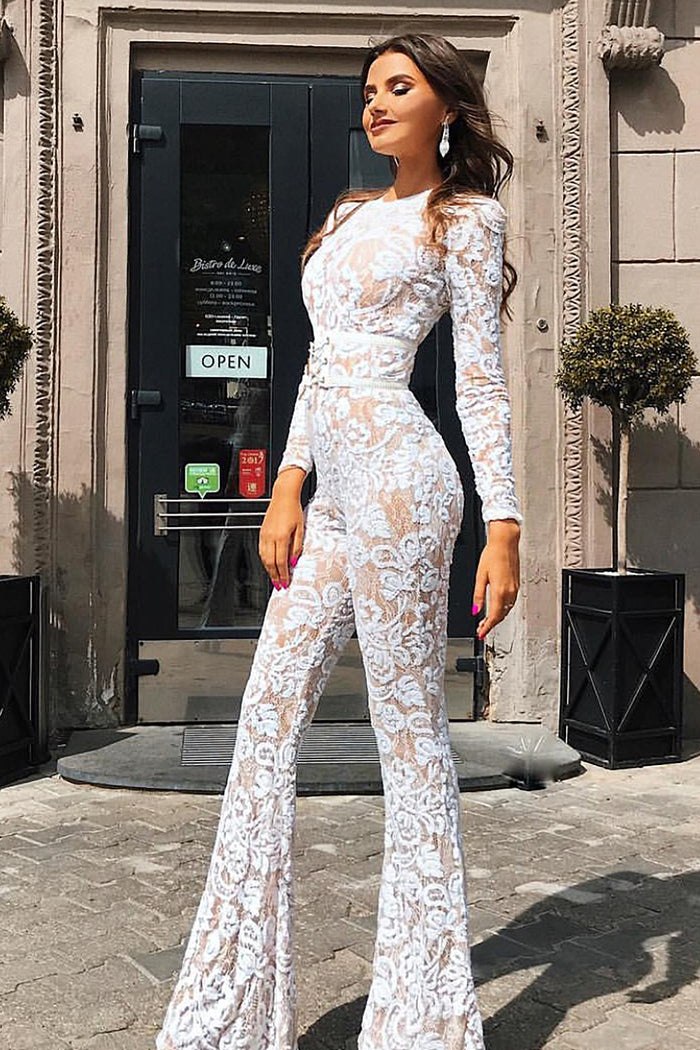 High-End Retro White Long-Sleeved High-Waist Sequined Boots Jumpsuit - IULOVER