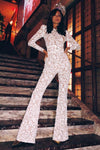 High-End Retro White Long-Sleeved High-Waist Sequined Boots Jumpsuit - IULOVER