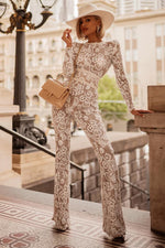 High-End Retro White Long-Sleeved High-Waist Sequined Boots Jumpsuit - IULOVER