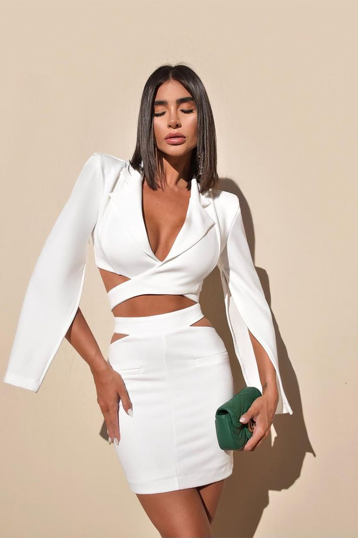 White Long-Sleeved V-neck Suit Coat And Skirt Two-Piece Suit