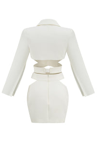 Terno branco de manga comprida com decote em V, casaco e saia, terno de duas peças