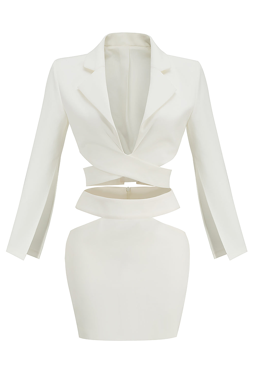 Traje blanco de dos piezas con abrigo y falda de manga larga con cuello en V