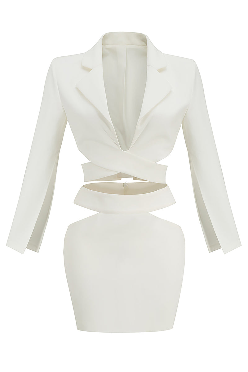 White Long-Sleeved V-neck Suit Coat And Skirt Two-Piece Suit