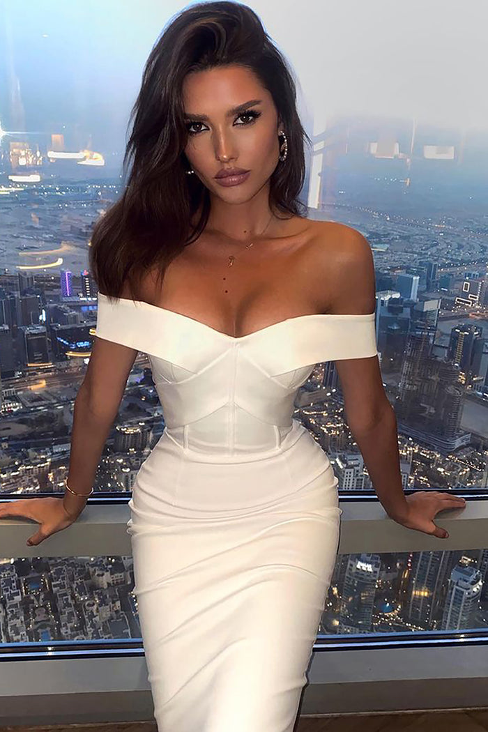 Light Blue Off-the-shoulder Midi Bandage Dress