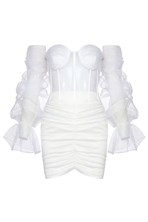 White Beige Off Shoulder Long Flare Sleeve Mesh Mini Dress