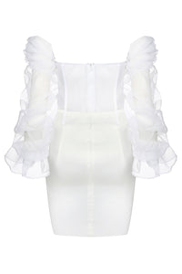 White Beige Off Shoulder Long Flare Sleeve Mesh Mini Dress