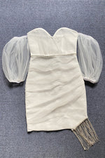 Off Shoulder Puff Sleeve Mesh Diamond Tassel Mini Bandage Dress