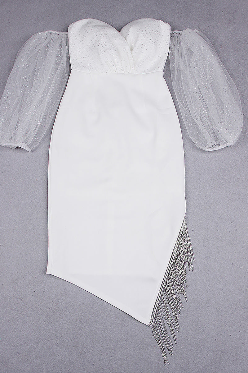 Off Shoulder Puff Sleeves Crystal Tassel Bandage Dress